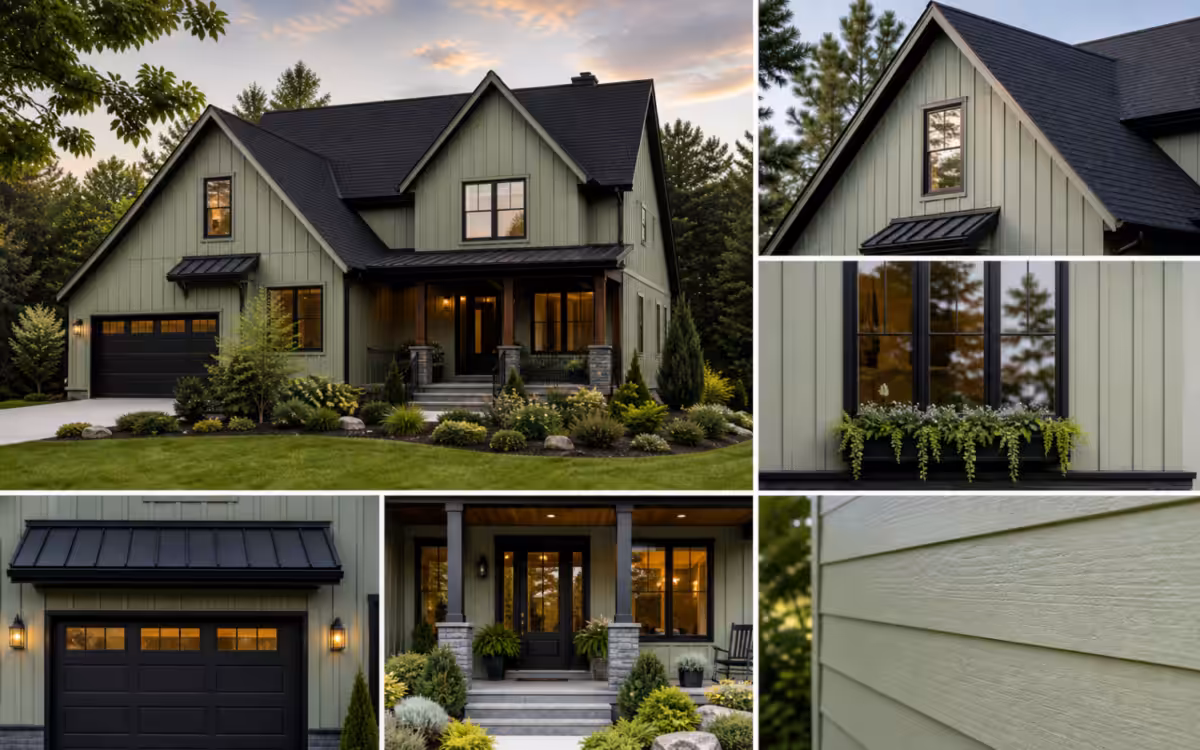 sage green house with black roof