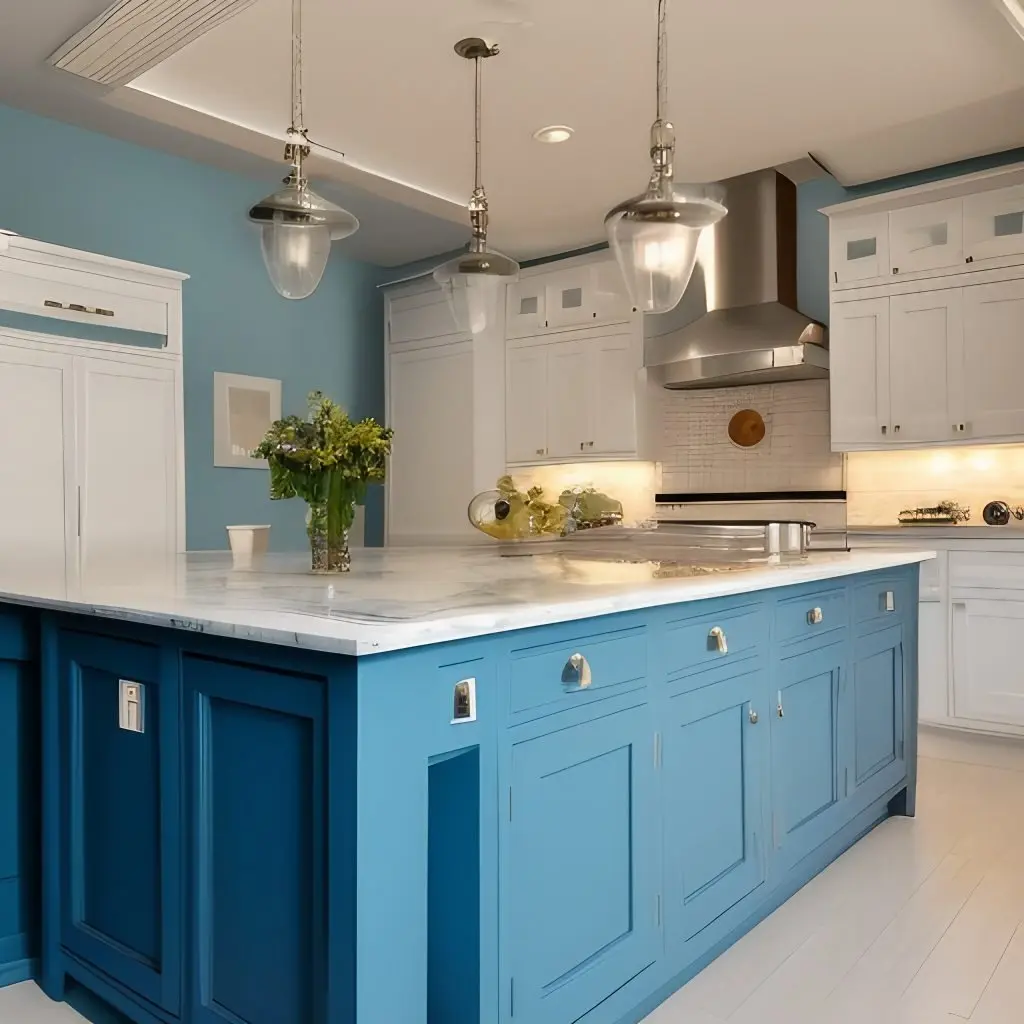 shaker white kitchen blue island