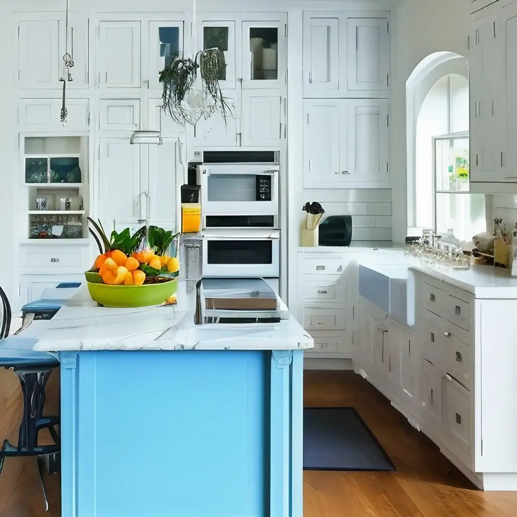 shaker white kitchen blue island