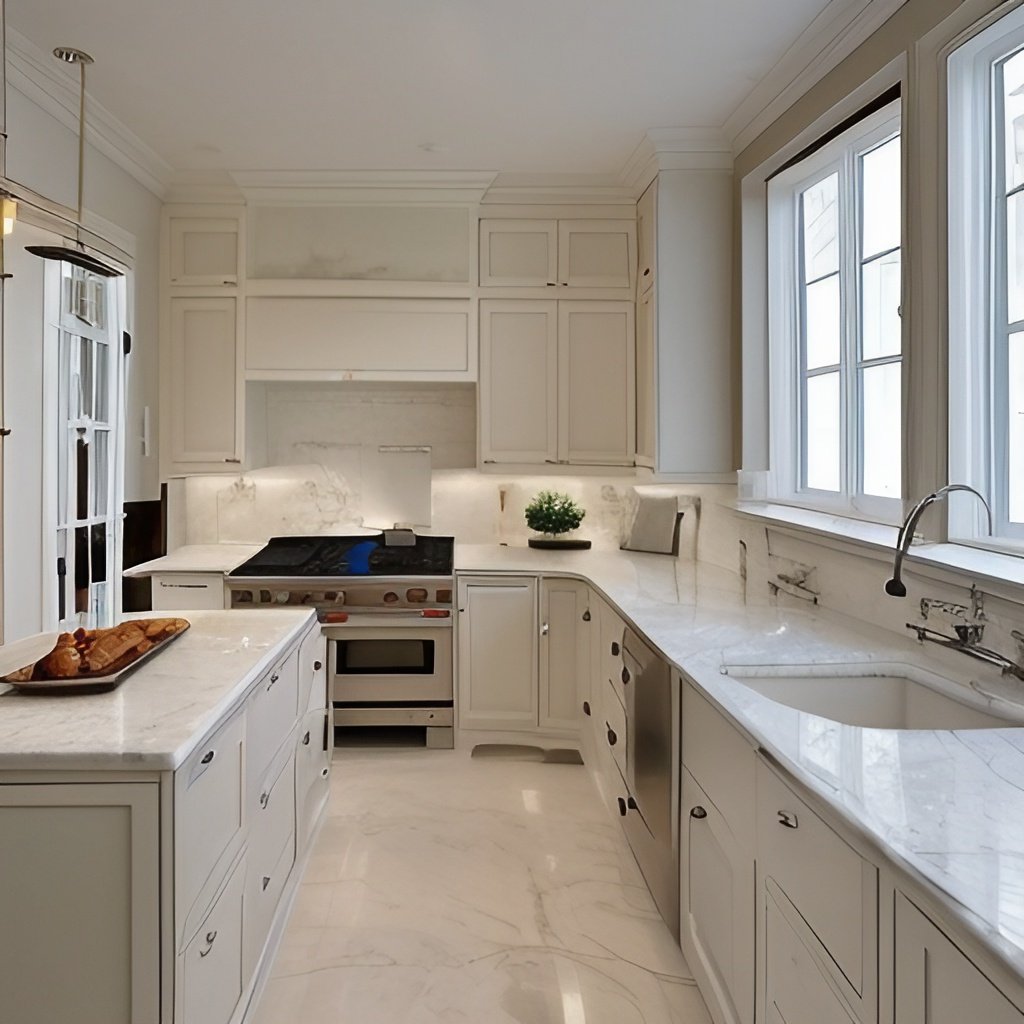 marble countertops with white cabinets