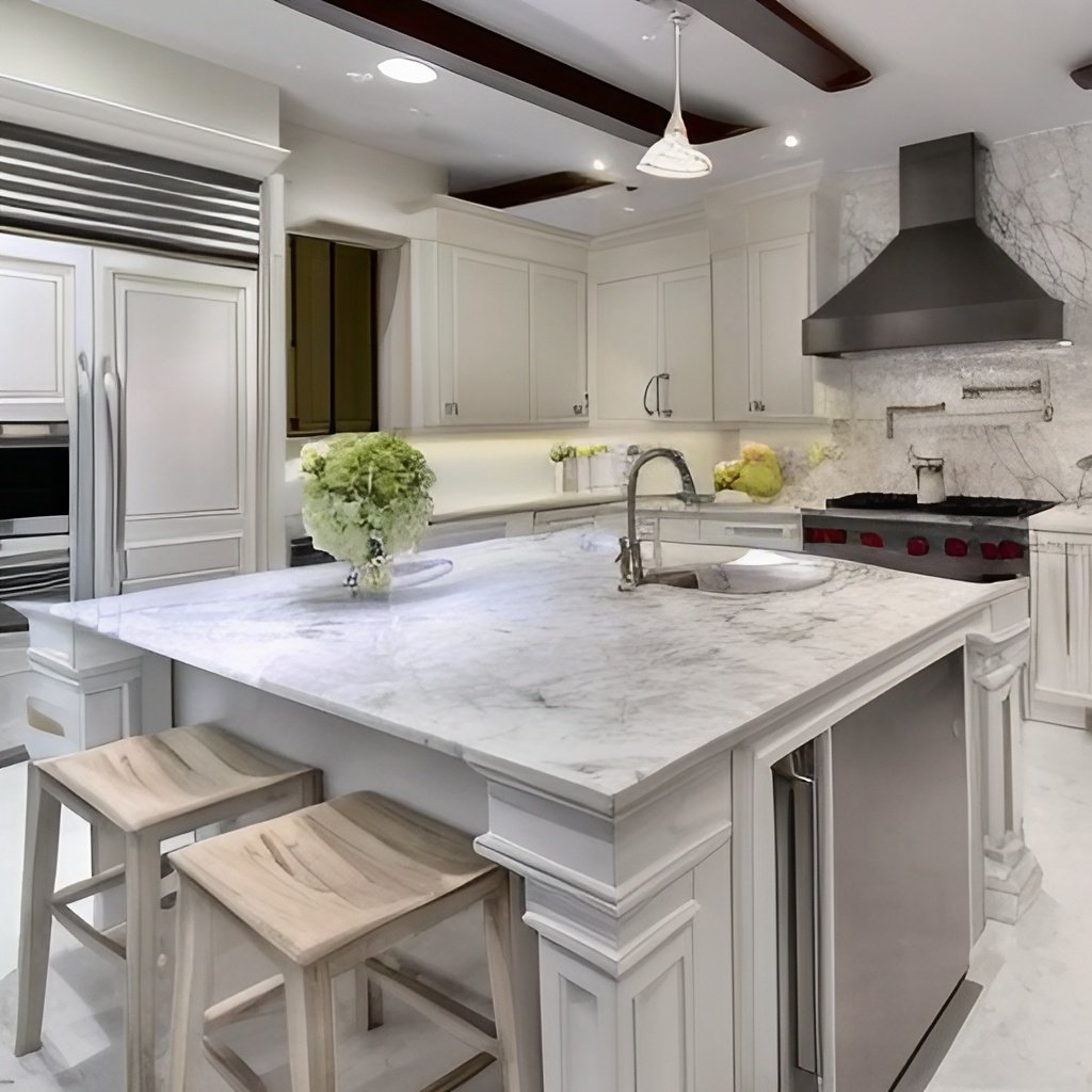 marble countertops with white cabinets