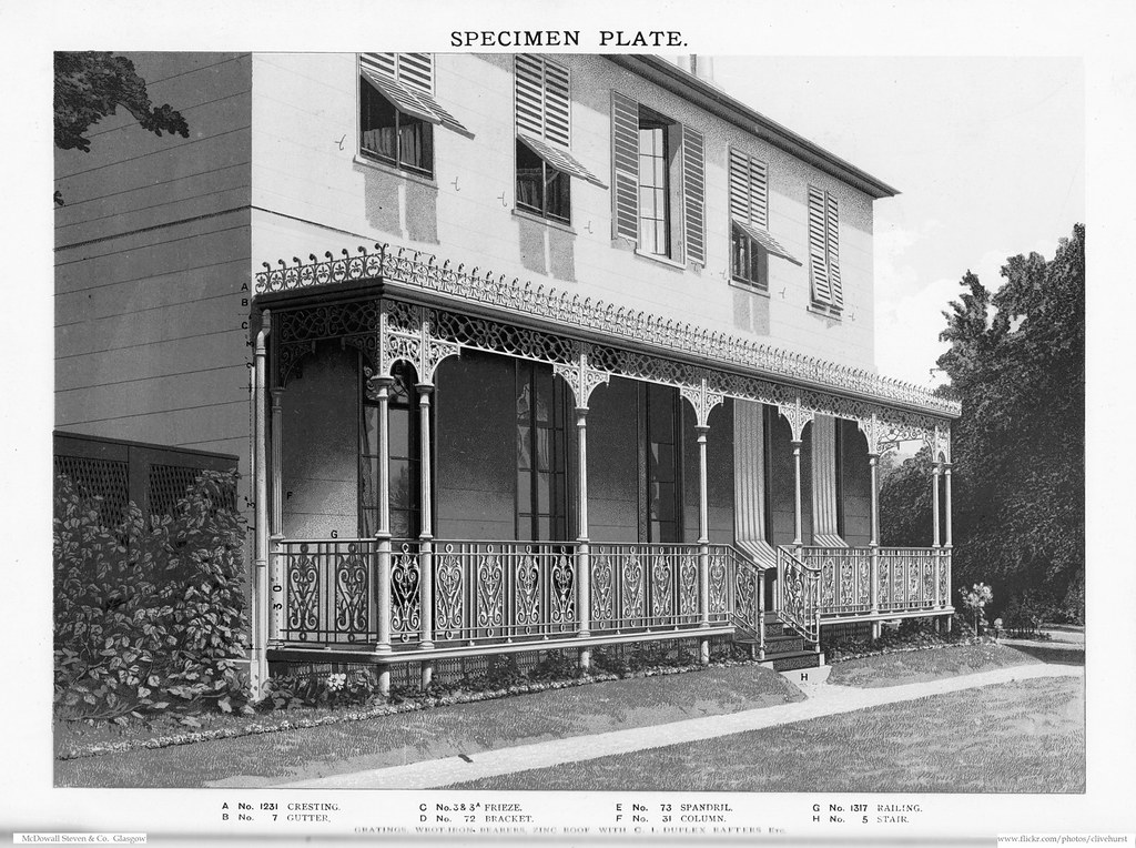 McDowall Steven & Co. Decorative Ironwork. A verandah erected at 'Clarence House, Redhill'. From the firm's catalogue of Architectural and General Iron Castings