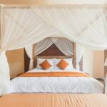 white mosquito net with brown wooden bed frame