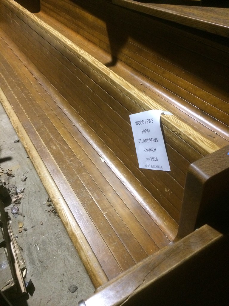 Solid wood (CVG fir base with quarter sawn oak veneer ends) 12' pews from St Andrews (1928) - $200 each