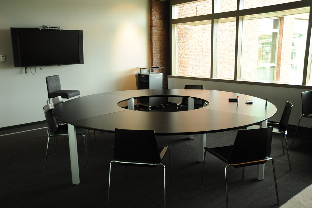 Round Table, chairs, TV monitor, conference room, 2nd floor, Studio C, Microsoft, Redmond, Washington, USA