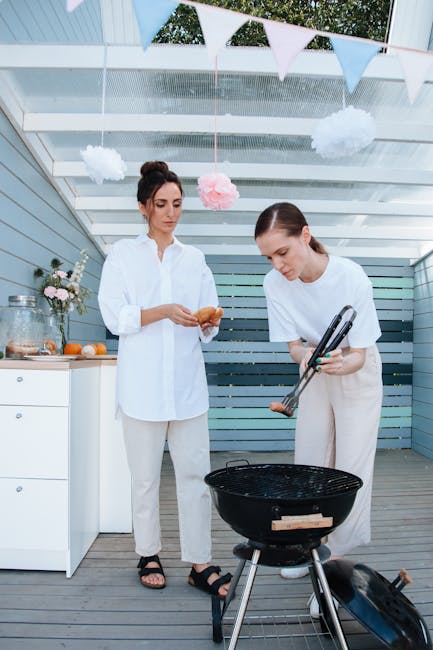 Pavilion, Design, Outdoor Women Grilling Food Using a Griller