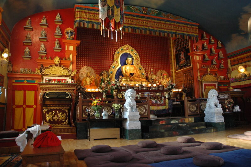 Beautiful Buddha, Sachen Kunga Nyingpo, White Tara, Padmasambhava, Sakya Pandita Statutes on the shrine, lama's throne, seats for meditators, Sakya Monastery of Tibetan Buddhism, Greenwood, Seattle, Washington, USA