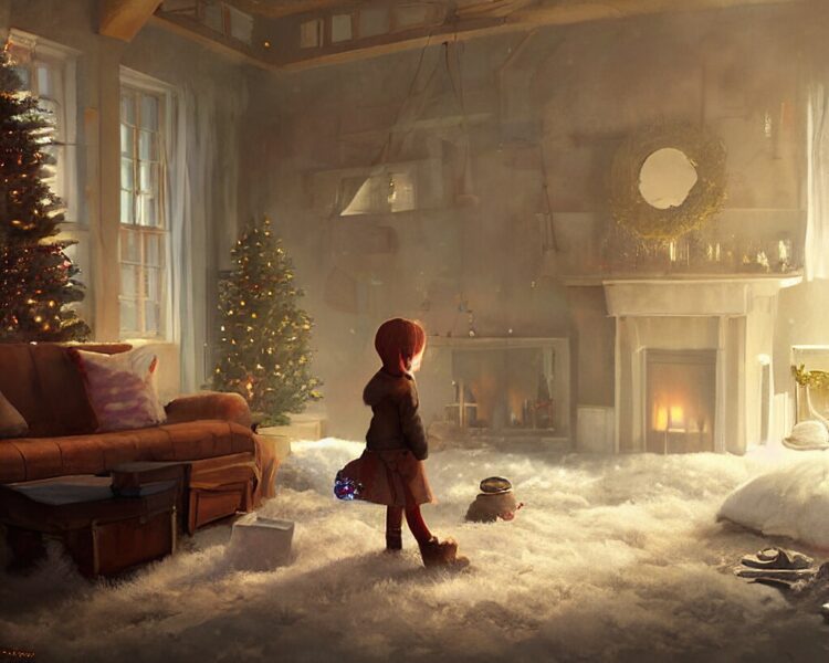 A Christmas Eve photorealistic painting, cozy home, interior