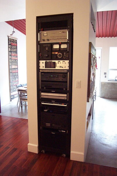 Our media rack, and kitchen ceiling