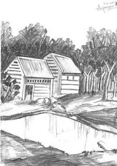 Scenic drawing of a house by the lake and forest