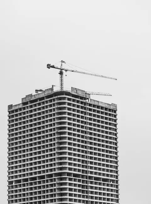 Architecture, Technology, Sustainability Construction Crane over Building in Construction in Black and White