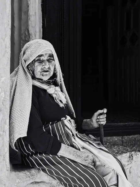 cane, style, material Elderly Woman Sitting on Sill
