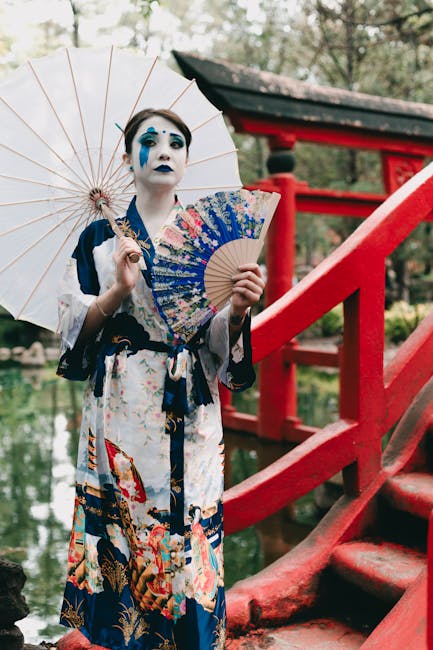 Japanese red bridge with a Geisha in Traditional Clothing holding a Fan and Umbrella