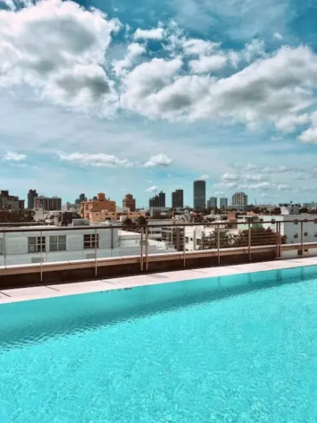 Pool Fence Ideas That Work With Your Landscaping Rooftop Pool Overlooking Urban City Skyline
