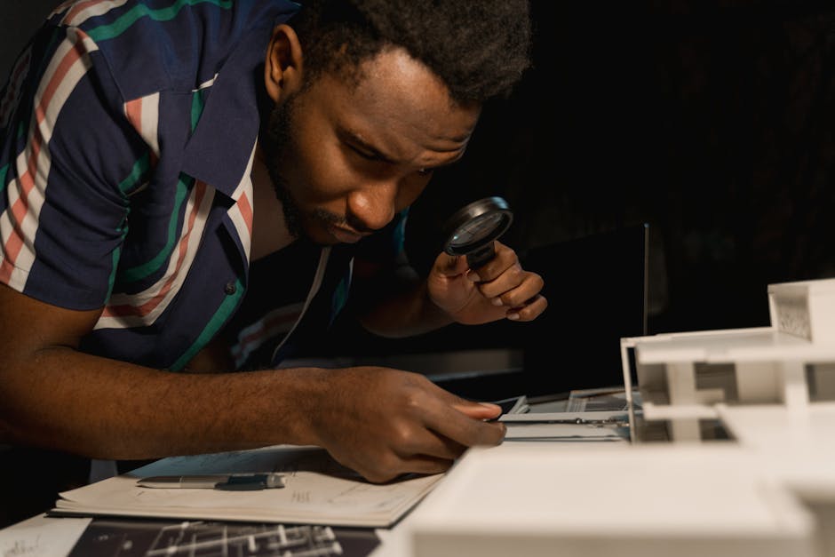 architecture, experience, examination Man Working on a Miniature Model Building