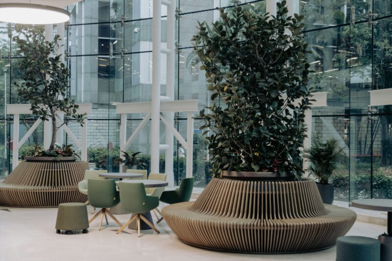 a room with a table, chairs, and potted trees