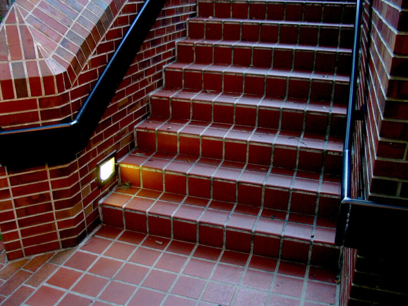 UF Norman Brick red Tile Handrail Stairs Stairwell Steps Light