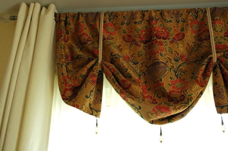 Living room curtains, premade IKEA cotton cream corduroy curtains, custom floral and bird pattern center curtain, with jewel attachments, silk cord, window covers, Crown Hill, Seattle, Washington, USA