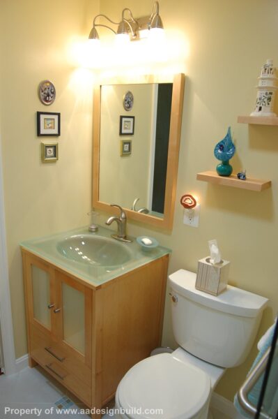 www.aadesignbuild.com, Guest Bathroom, Design and Remodeling, Glass Sink, Corner Shower, Lighting, Rockville, Aging in Place