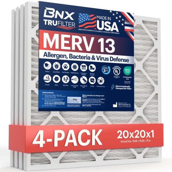 BNX TrueFilter MERV 13 Air Filters - 20x20x1, 4-Pack