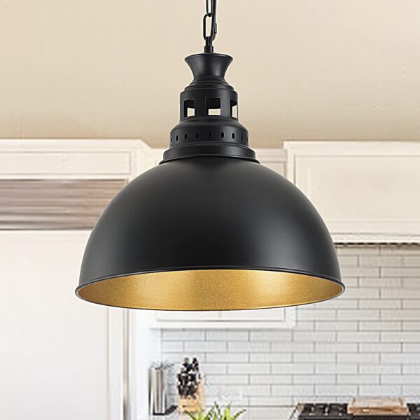 Vintage Industrial Pendant Light with Black Dome Shade and Gold Interior