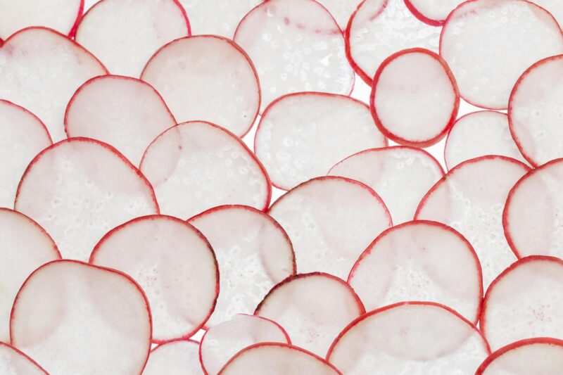 Detailed close-up of fresh organic radish slices arranged on a white surface, showcasing texture.