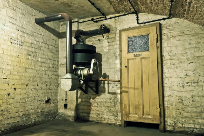 Explore an abandoned underground air raid shelter with vintage machinery and a wooden door.