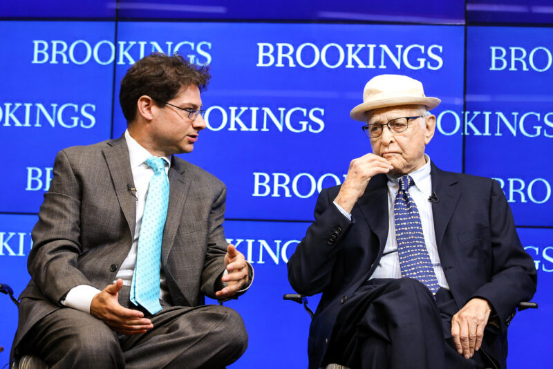 (From left) Aaron Klein, economic studies fellow and policy director of the Initiative on Business and Public Policy at Brookings, talks with Norman Lear, television writer and producer