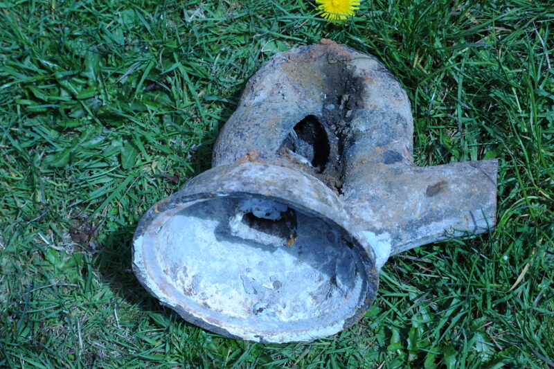 Broken shower drain sewer pipe, showing size of hole, this was no little leak, Broadview Duplex, Seattle, Washington, USA