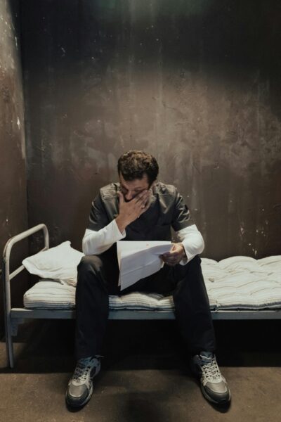 An emotional prisoner sitting on a bed in his cell, reading a letter.