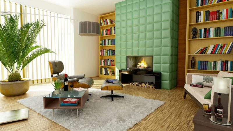 Elegant modern living room featuring stylish decor, bookshelves, and a cozy fireplace.