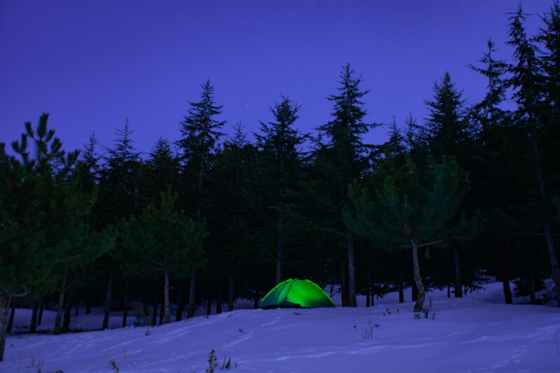 A vibrant green tent amidst a snowy forest during twilight in Ardıç, Kayseri, Türkiye.