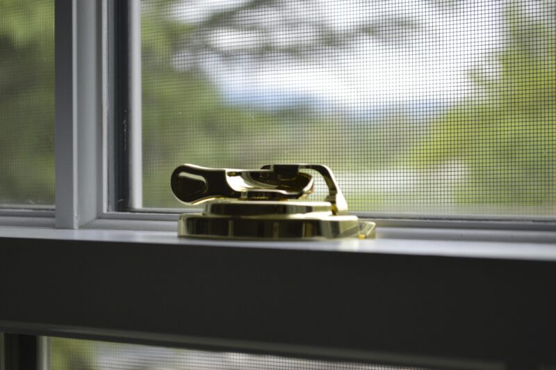 A detailed view of a shiny brass window lock against a blurred outdoor background. Perfect for home and security themes.