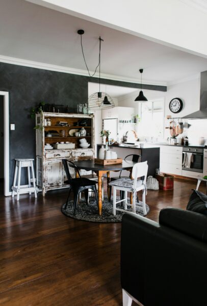 Inviting kitchen interior featuring rustic furniture and modern design elements.