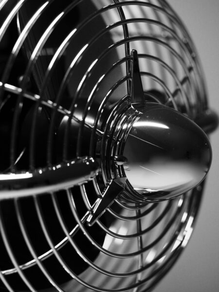 Detailed black and white image of a metallic fan with intricate design.