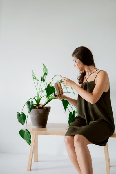 A woman in a green dress waters a potted plant on a wooden bench indoors.