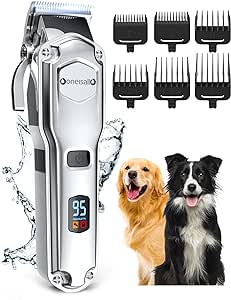 oneisall Dog Clippers for Grooming for Thick Heavy Coats/Low Noise Rechargeable Cordless Pet Shaver with Stainless Steel Blade/Waterproof Dog Shaver for Dogs Pets and Animals (Sliver)