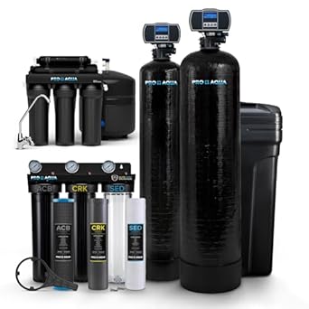 PRO+AQUA Elite 5-Stage Whole House Water Softener and Filter Bundle System for Well Water | Reduces Heavy Metals, Iron, Sulfur, Sediment, Chlorine, and More | Ideal for 3-4 Bathrooms (+ RO System)