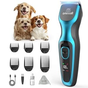 oneisall Dog Clippers for Grooming 2-Speed Super Power Dog Clippers 50dB Quiet Rechargeable Cordless Dog Trimmer with Detachable Stainless Steel Blade for Small & Large Dogs with Thick Coats