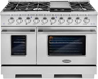 COSMO COS-GRP486G 48 in. 5.5 cu. ft. Double Oven Gas Range with 8 Italian Burners and Heavy Duty Cast Iron Grates in Stainless Steel