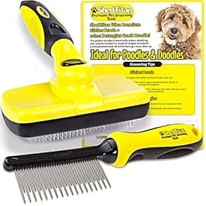 Slicker Dog Brush for Goldendoodles, Poodles & Dematting Pet Comb Value Kit - Easy Self Cleaning Slicker Brush for Grooming Dogs, Golden Doodle, Poodle, Cats - Detangle Comb Removes Matts