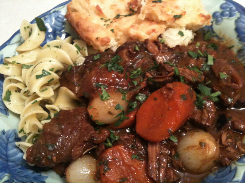 Plated Boeuf Bourguignon cooked in my new Le Creuset Dutch oven! dish