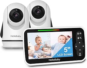 HelloBaby Video Baby Monitor with 2 Cameras and 5 Inch Split Screen Display, Remote Control Cameras with Night Vision and Temprature Monitoring