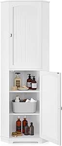 VASAGLE Tall Corner Cabinet, Bathroom Storage Cabinet with 2 Doors and 4 Adjustable Shelves, for Bathroom, Kitchen, Living Room, Modern Farmhouse Design, White UBBC541P31