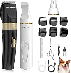 Dog Hair Clippers for Grooming Kit and Dog Paw Trimmer Nail Grinder for Grooming, Low Noise Rechargeable Cordless, Shaver Grooming Supplies for Pet Cats Dogs (Black, White)