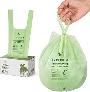 SUPERBIO 1.6 Gallon Handle Tie Compostable Food Scrap Bags For Counter Top Compost Bin, Small Compost Bags, 50 Count, 6 Liter, BPI & OK compost INDUSTRIAL Certified