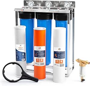 Aquaboon 3-Stage Whole House Water Filter System 20x4.5 inch with Prefilter & KDF, Sediment, Carbon Water Filters | Gauge & Release, Wrench, Freestanding Steel Frame Included