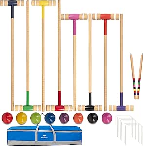 8 Players Croquet Set with 32In Regulation | 28In Standard Size Rubber Wood Mallets, Colored PE Ball, Wickets, 21In End Stakes - Lawn Backyard Game Kit for Teens/Adults/Family