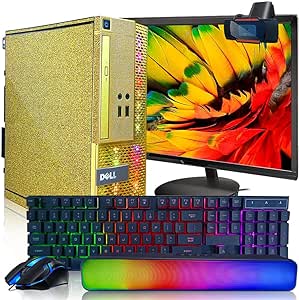 PC Gold Treasure Box RGB Dell Desktop Quad Core I5 up to 3.6G, 16G, 512G SSD, WiFi, Bluetooth 4.0, RGB Gaming Keyboard & Mouse, DVD, New 22