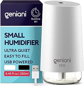 GENIANI Portable Cool Mist Humidifiers for Bedroom & Office - Ultrasonic Humidifier for Home, Baby, Small Room with Auto Shut Off, 250ML Easy to Clean Water Tank